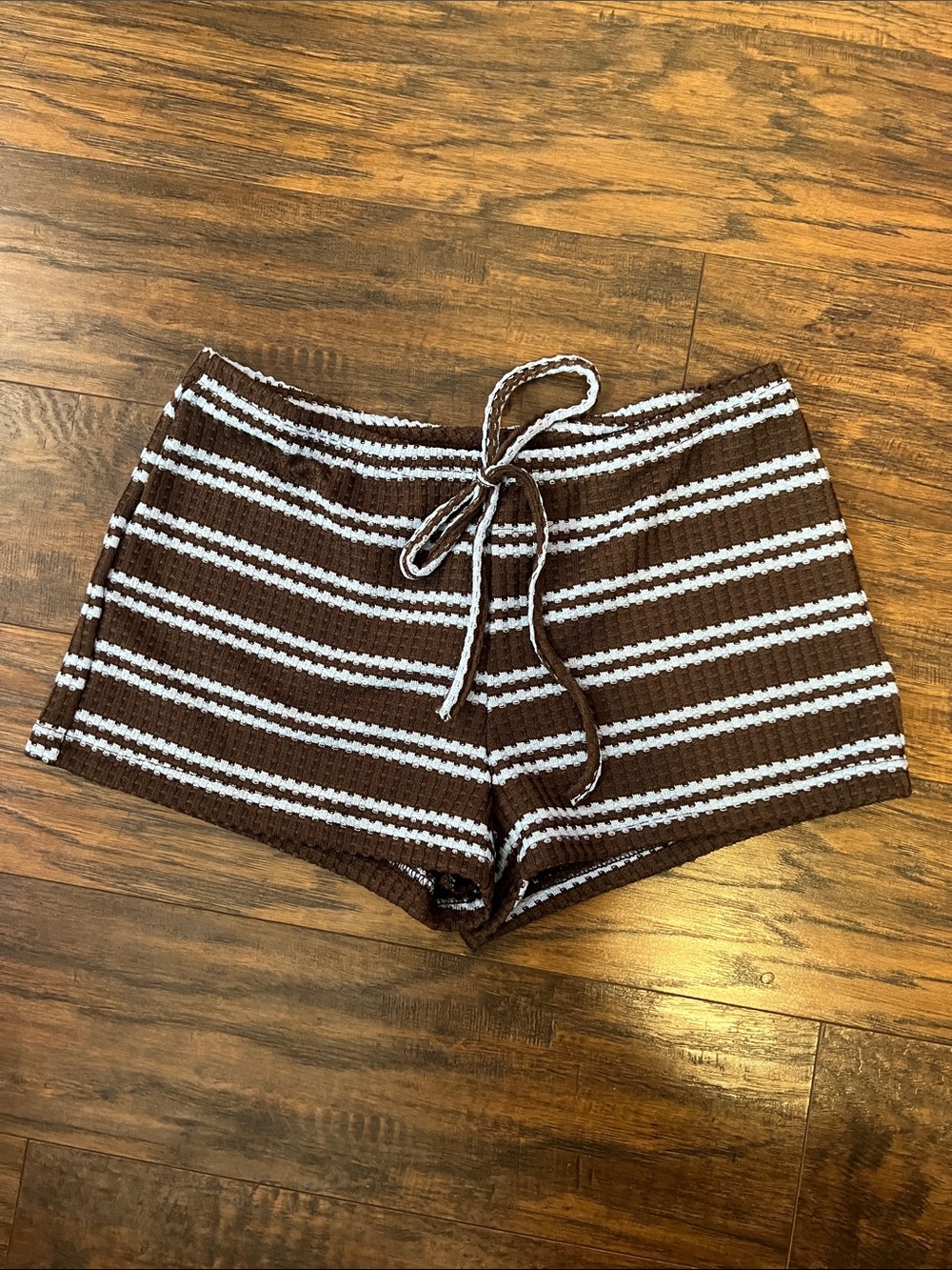 SHEIN Brown and White Striped Knit Drawstring Bike Shorts